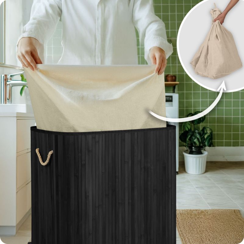 Kosz na pranie Massido 100l bambusowy dwukomorowy z pokrywą 61x54x34 cm czarny 1 szt.