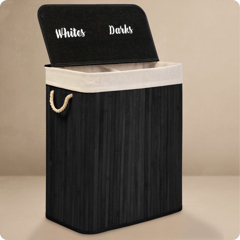 Kosz na pranie Massido 100l bambusowy dwukomorowy z pokrywą 61x54x34 cm czarny 1 szt.