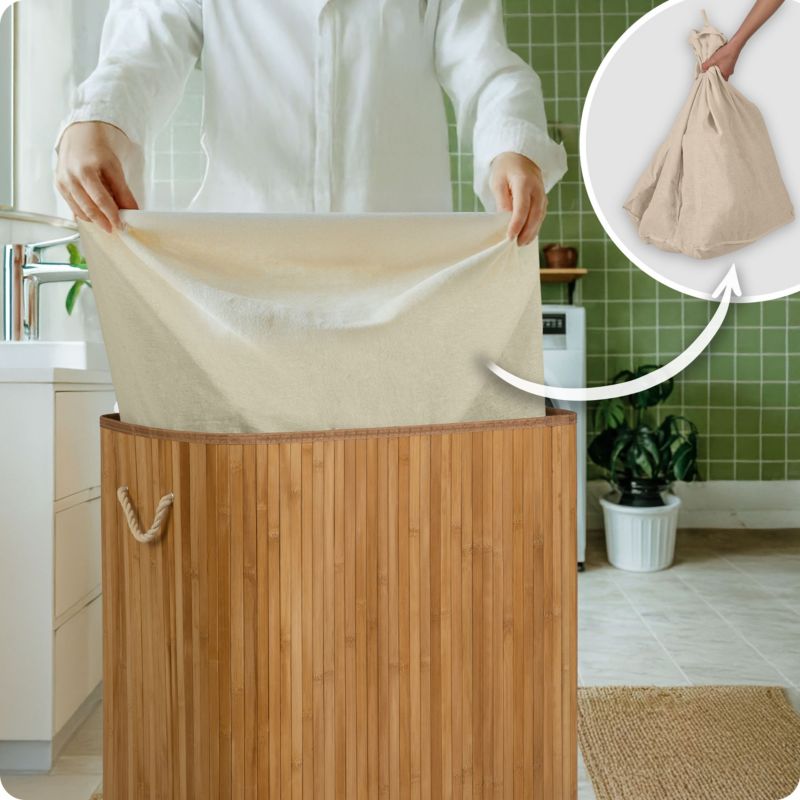 Kosz na pranie Massido 100l bambusowy dwukomorowy z pokrywą 61x54x34 cm naturalny beżowy 1 szt.