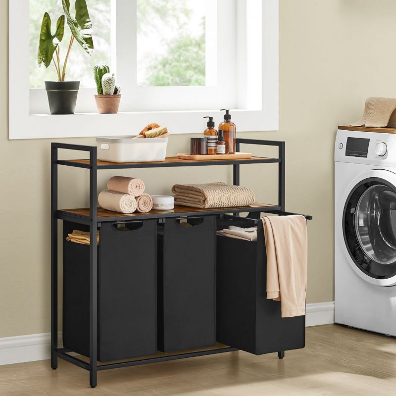 Kosz na pranie Songmics z 3 komorami i 2 półkami 120 L czarny 92,5x33x92 cm 1 szt.