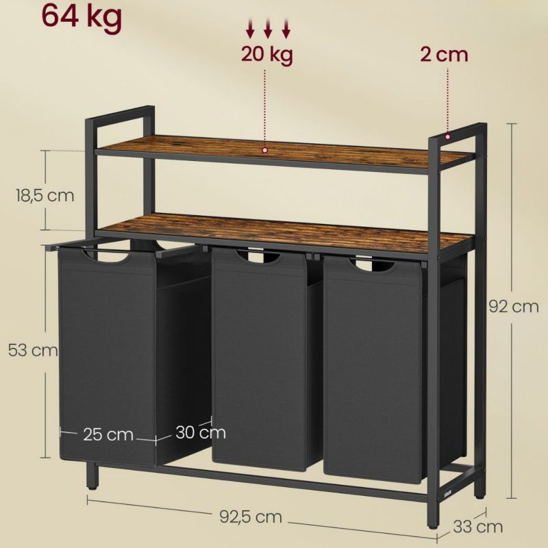 Kosz na pranie Songmics z 3 komorami i 2 półkami 120 L czarny 92,5x33x92 cm 1 szt.