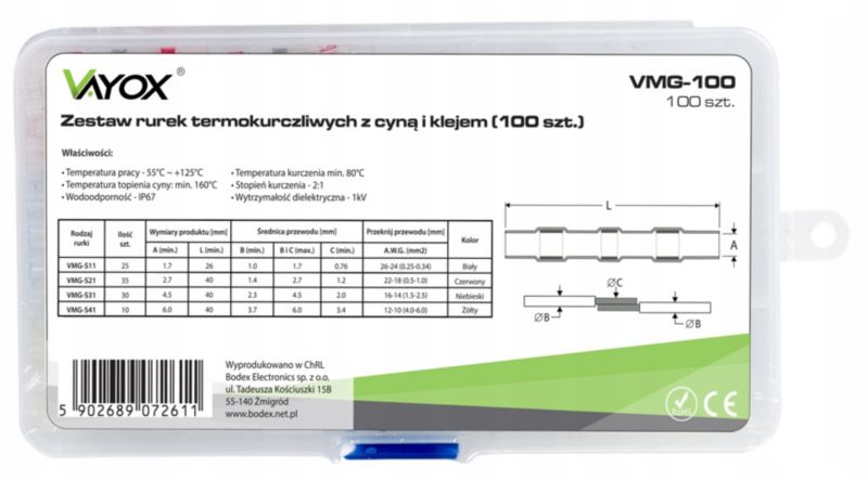 Koszulki termokurczliwe Vayox VMG-100 z cyną i klejem 100szt 1 kpl.