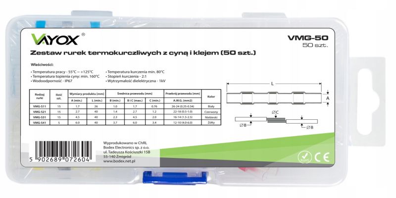 Koszulki termokurczliwe Vayox VMG-50 z cyną i klejem 50szt 1 kpl.