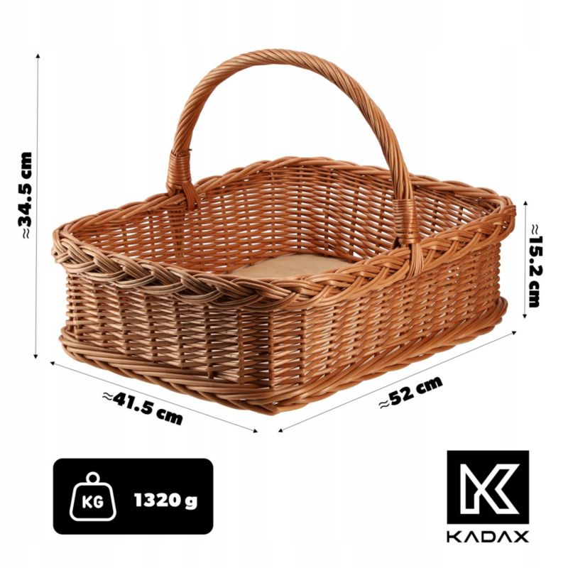 Koszyk KADAX Wiklinowy Kosz Na Zakupy Piknik Owoce Taca Prostokątny Wiklina 52cm 1szt.