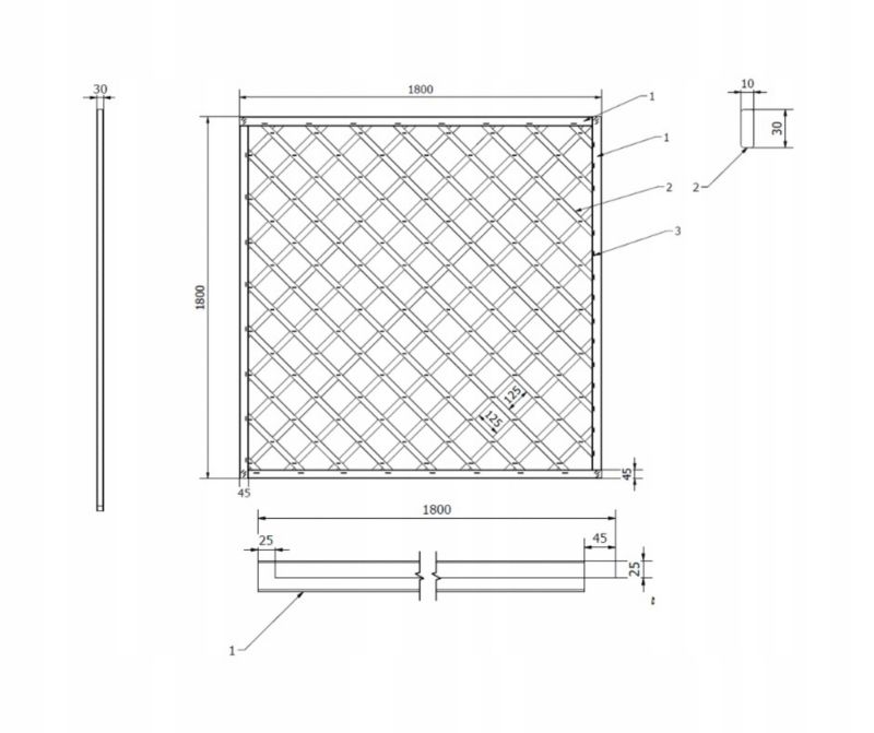 Kratka diagonalna prosta Roma 180x180 cm (oczko 12,5x12,5) 1szt.