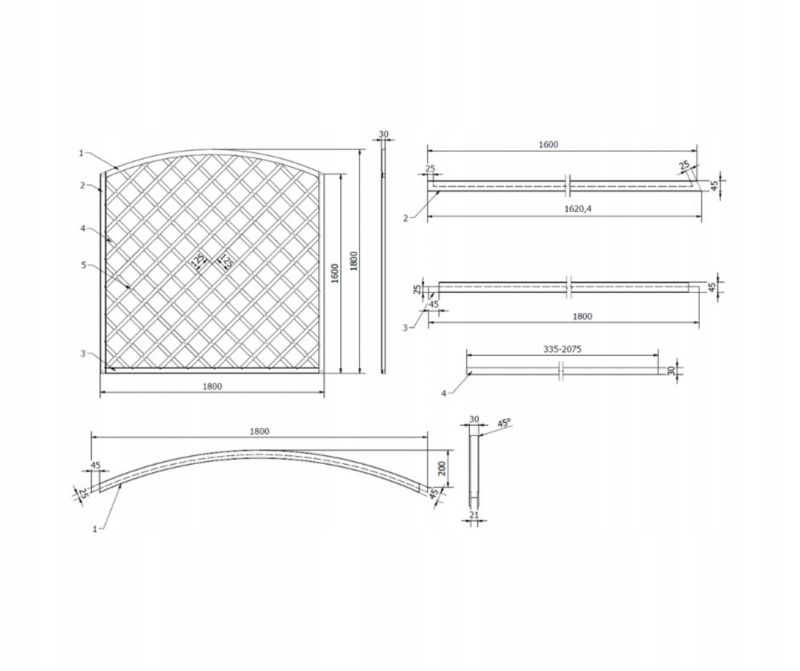 Kratka diagonalna łuk Roma 180x180/160 cm (oczko 12,5x12,5) 1szt.