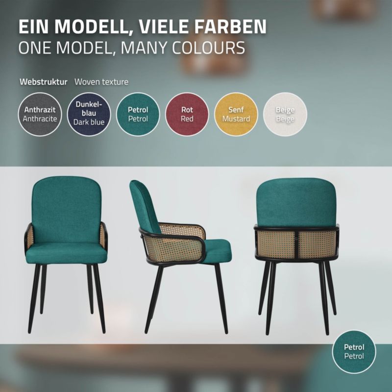 Krzesła do jadalni ML-Design tapicerowane benzyna podłokietniki rattan ergonomiczne oparcie metalowe nogi komfortowe 2 szt