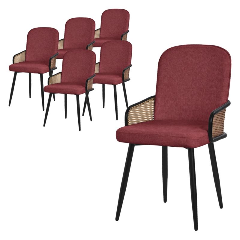 Krzesła do jadalni ML-Design tapicerowane czerwony podłokietniki rattan ergonomiczne metalowe nogi komfortowe stabilne 6 szt