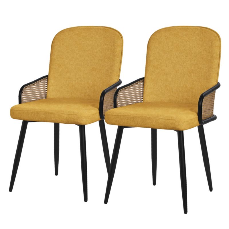 Krzesła do jadalni ML-Design tapicerowane musztarda podłokietniki rattan ergonomiczne metalowe nogi komfortowe stabilne 2 szt