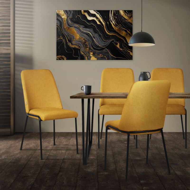 Krzesła ML Design do jadalni musztarda to tapicerowane fotele poliestru posiadające ergonomiczne metalowe nogi nowoczesne 6 szt
