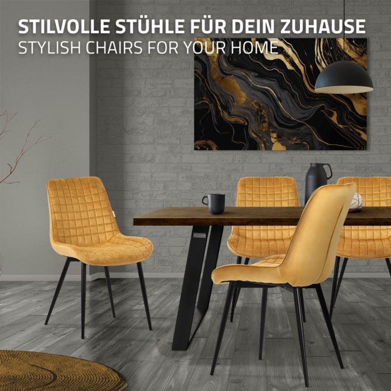 Krzesło do jadalni ML Design musztardowy aksamitny fotel tapicerowane metalowe nogi oparcie wygodne designerskie kuchni 6 szt