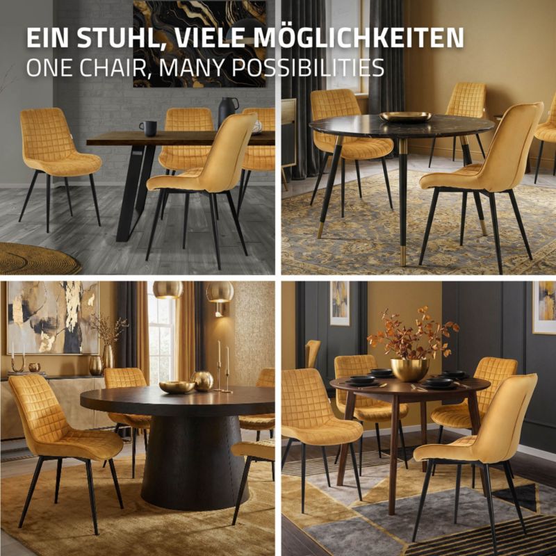 Krzesło do jadalni ML Design musztardowy aksamitny fotel tapicerowane metalowe nogi oparcie wygodne designerskie kuchni 6 szt