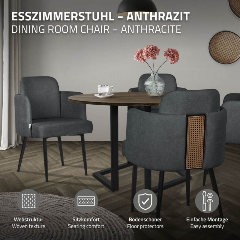 Krzesło do jadalni ML-Design tapicerka antracyt materiałowa podłokietniki rattan ergonomiczne oparcie metalowe nogi salonu 6 szt