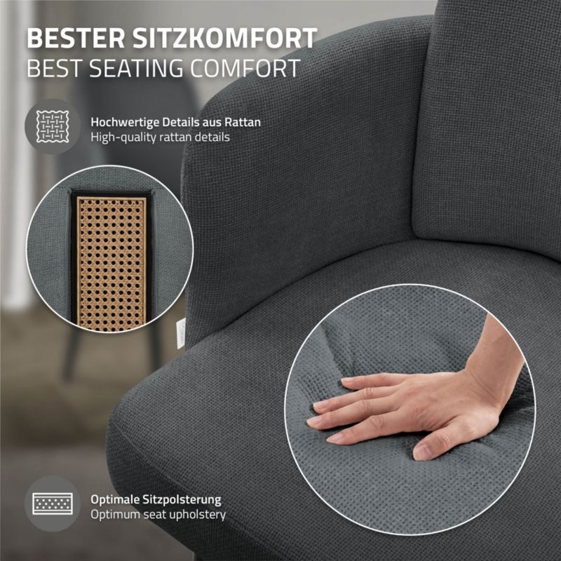 Krzesło do jadalni ML-Design tapicerka antracyt materiałowa podłokietniki rattan ergonomiczne oparcie metalowe nogi salonu 6 szt