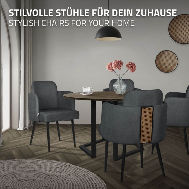 Krzesło do jadalni ML-Design tapicerka antracyt materiałowa podłokietniki rattan ergonomiczne oparcie metalowe nogi salonu 6 szt