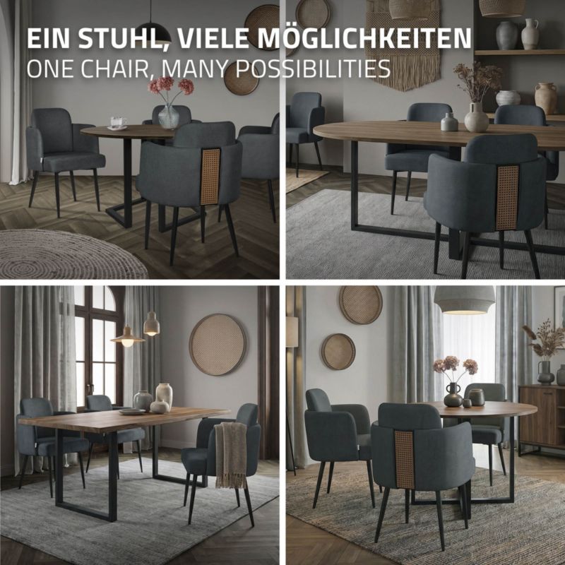 Krzesło do jadalni ML-Design tapicerka antracyt materiałowa podłokietniki rattan ergonomiczne oparcie metalowe nogi salonu 6 szt