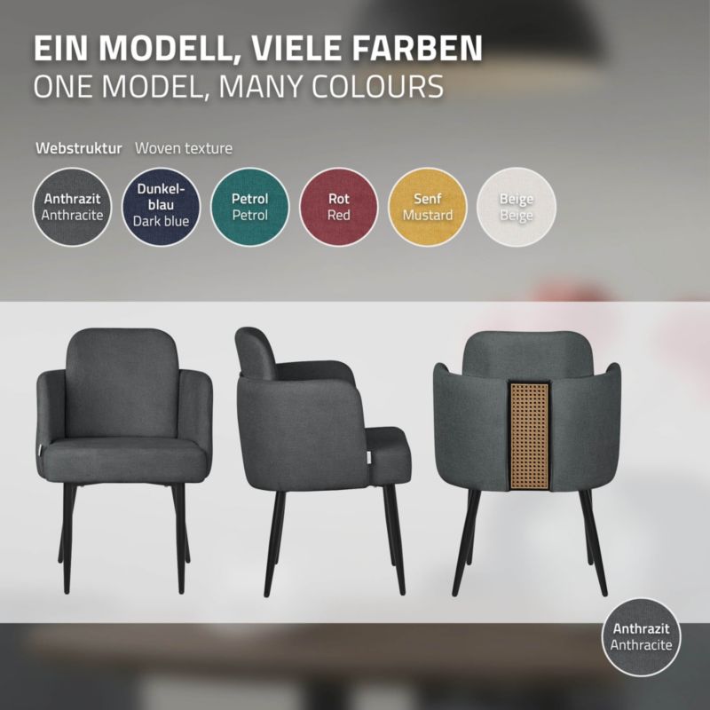 Krzesło do jadalni ML-Design tapicerka antracyt materiałowa podłokietniki rattan ergonomiczne oparcie metalowe nogi salonu 6 szt