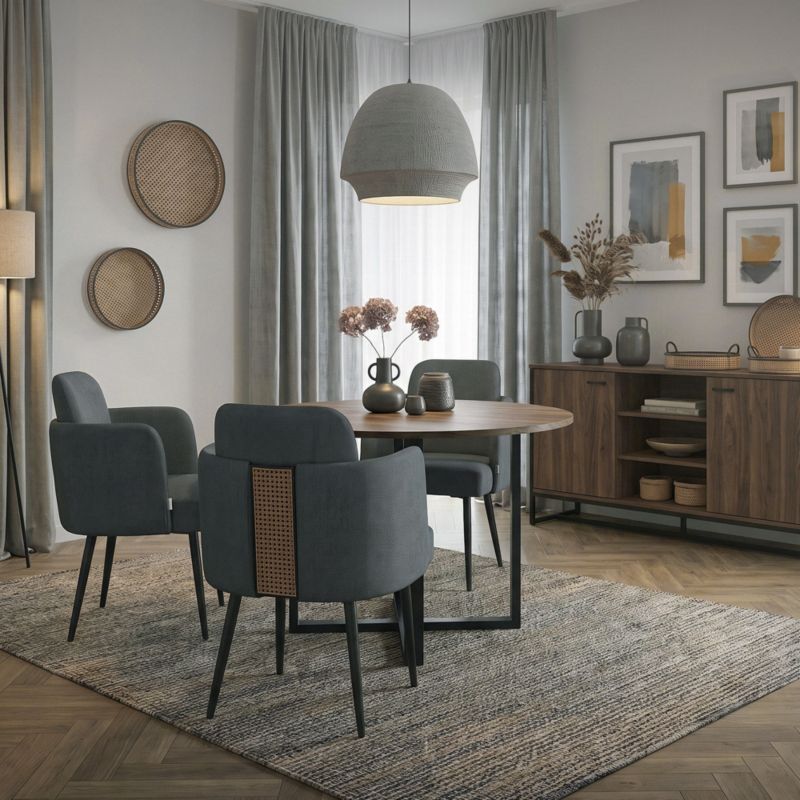 Krzesło do jadalni ML-Design tapicerka antracyt materiałowa podłokietniki rattan ergonomiczne oparcie metalowe nogi salonu 6 szt