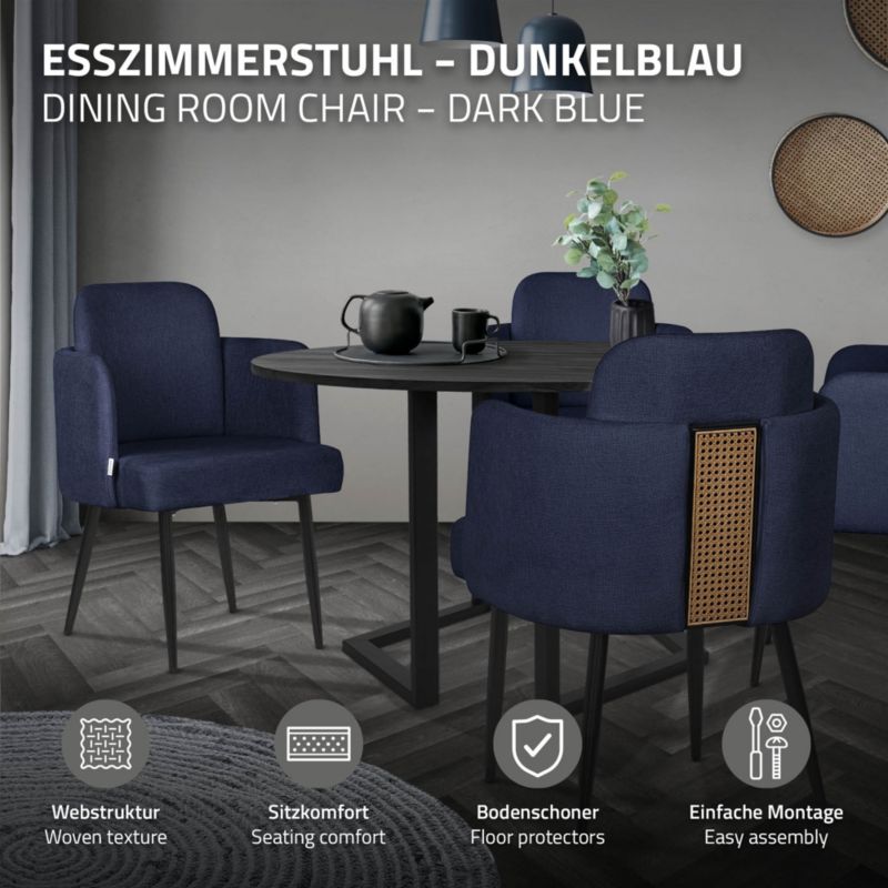 Krzesło do jadalni ML-Design tapicerka ciemnoniebieskie materiałowa podłokietniki rattan ergonomiczne oparcie metalowe nogi 4 szt