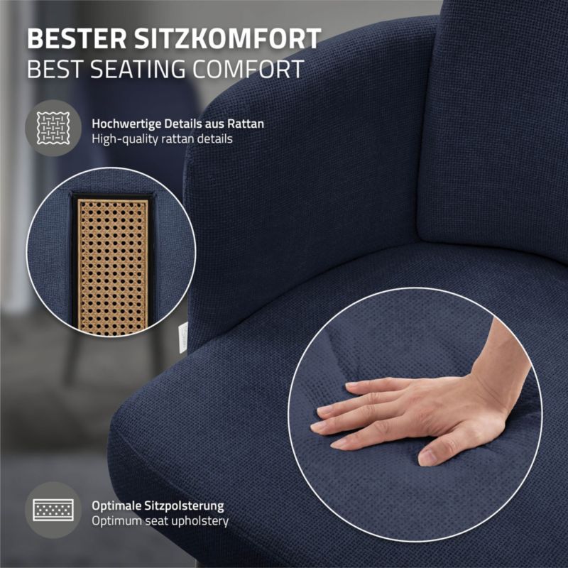 Krzesło do jadalni ML-Design tapicerka ciemnoniebieskie materiałowa podłokietniki rattan ergonomiczne oparcie metalowe nogi 4 szt