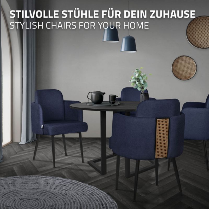 Krzesło do jadalni ML-Design tapicerka ciemnoniebieskie materiałowa podłokietniki rattan ergonomiczne oparcie metalowe nogi 4 szt