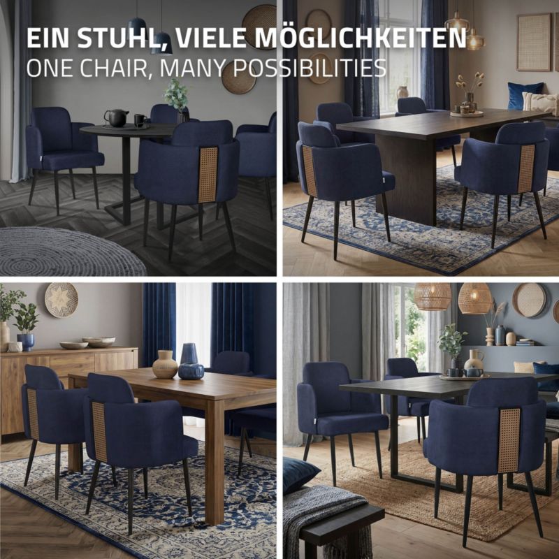 Krzesło do jadalni ML-Design tapicerka ciemnoniebieskie materiałowa podłokietniki rattan ergonomiczne oparcie metalowe nogi 4 szt