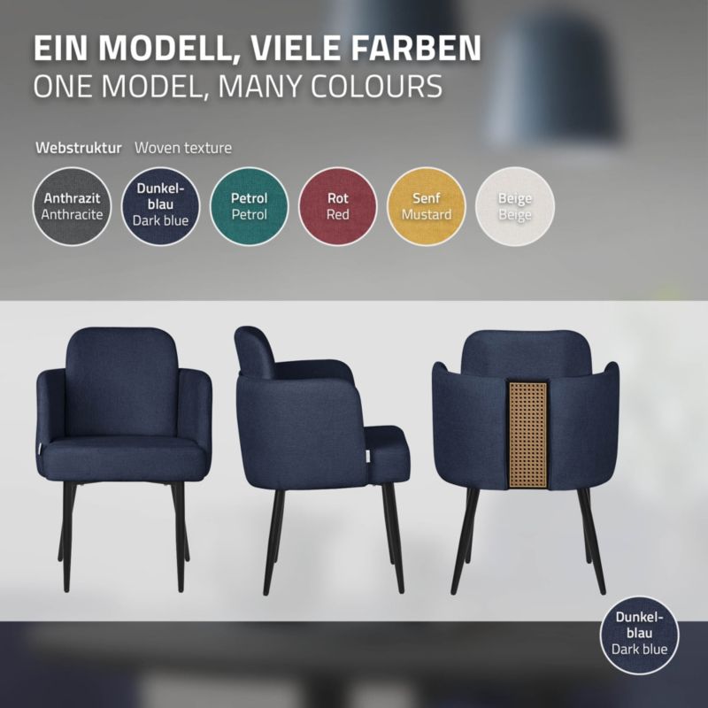 Krzesło do jadalni ML-Design tapicerka ciemnoniebieskie materiałowa podłokietniki rattan ergonomiczne oparcie metalowe nogi 4 szt