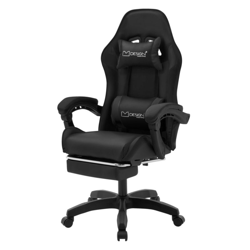 Krzesło gamingowe ML Design ergonomiczne czarne z podnóżkiem fotel biurowy obrotowy regulowane podłokietniki zagłówek racing 1szt.