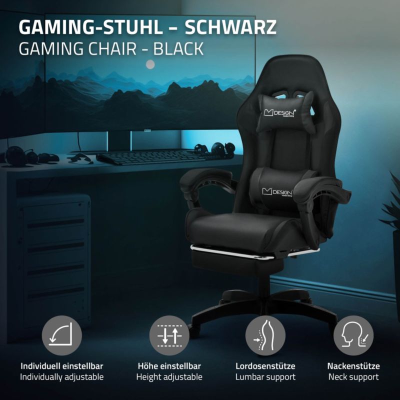 Krzesło gamingowe ML Design ergonomiczne czarne z podnóżkiem fotel biurowy obrotowy regulowane podłokietniki zagłówek racing 1szt.