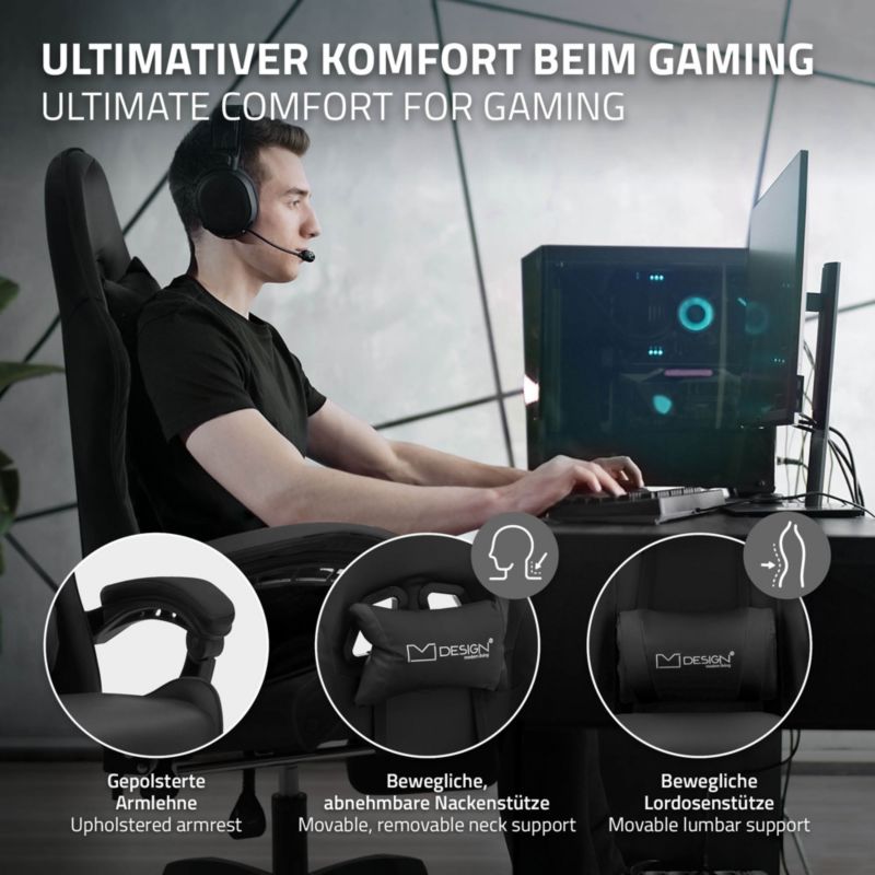 Krzesło gamingowe ML Design ergonomiczne czarne z podnóżkiem fotel biurowy obrotowy regulowane podłokietniki zagłówek racing 1szt.