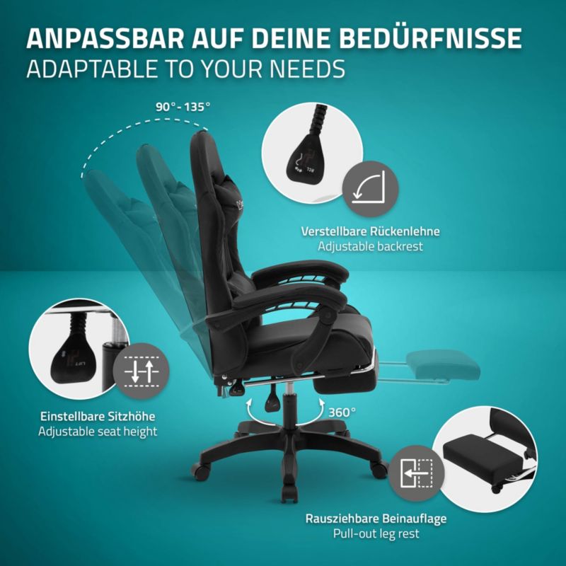 Krzesło gamingowe ML Design ergonomiczne czarne z podnóżkiem fotel biurowy obrotowy regulowane podłokietniki zagłówek racing 1szt.