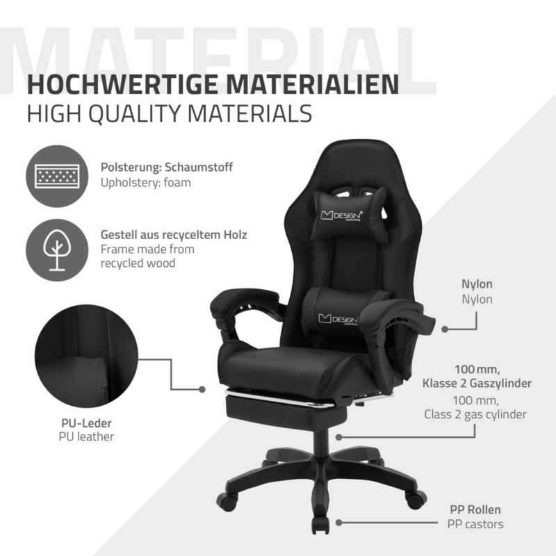 Krzesło gamingowe ML Design ergonomiczne czarne z podnóżkiem fotel biurowy obrotowy regulowane podłokietniki zagłówek racing 1szt.