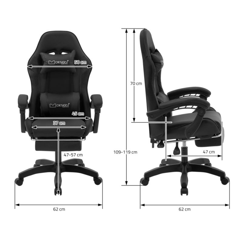 Krzesło gamingowe ML Design ergonomiczne czarne z podnóżkiem fotel biurowy obrotowy regulowane podłokietniki zagłówek racing 1szt.