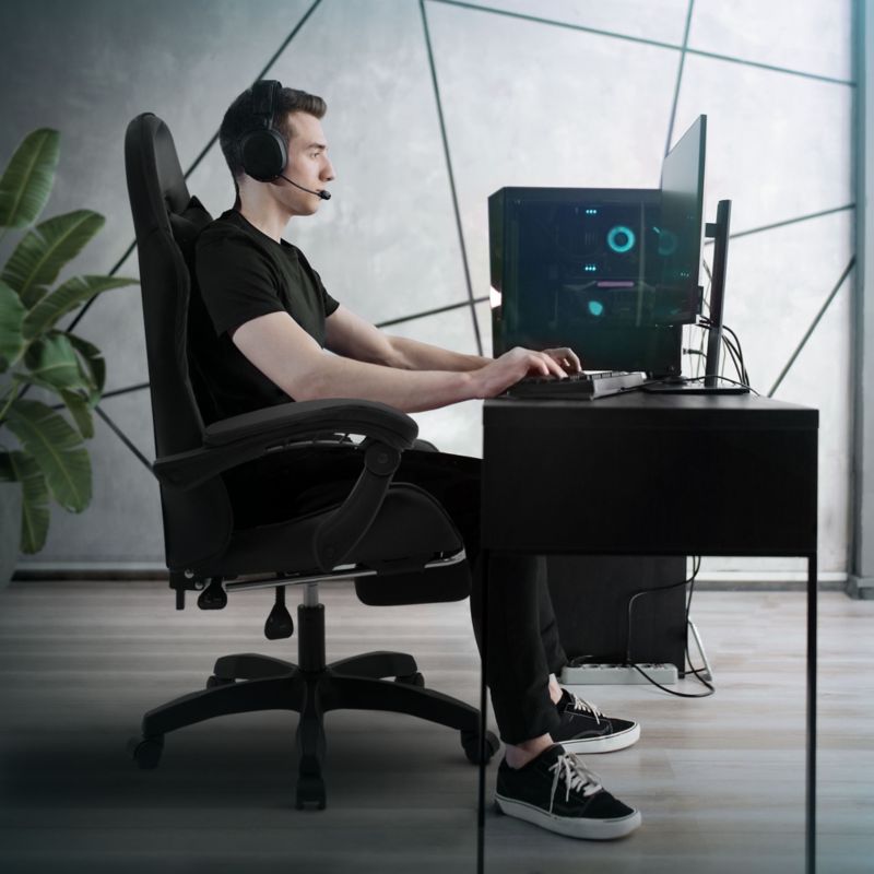 Krzesło gamingowe ML Design ergonomiczne czarne z podnóżkiem fotel biurowy obrotowy regulowane podłokietniki zagłówek racing 1szt.