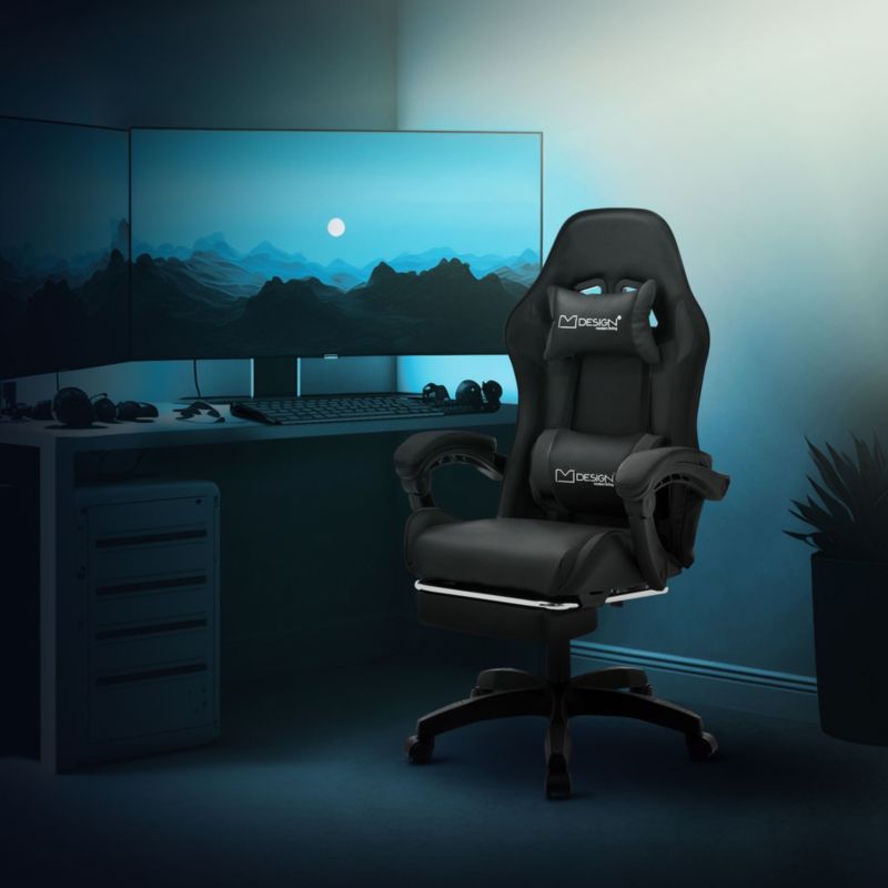Krzesło gamingowe ML Design ergonomiczne czarne z podnóżkiem fotel biurowy obrotowy regulowane podłokietniki zagłówek racing 1szt.