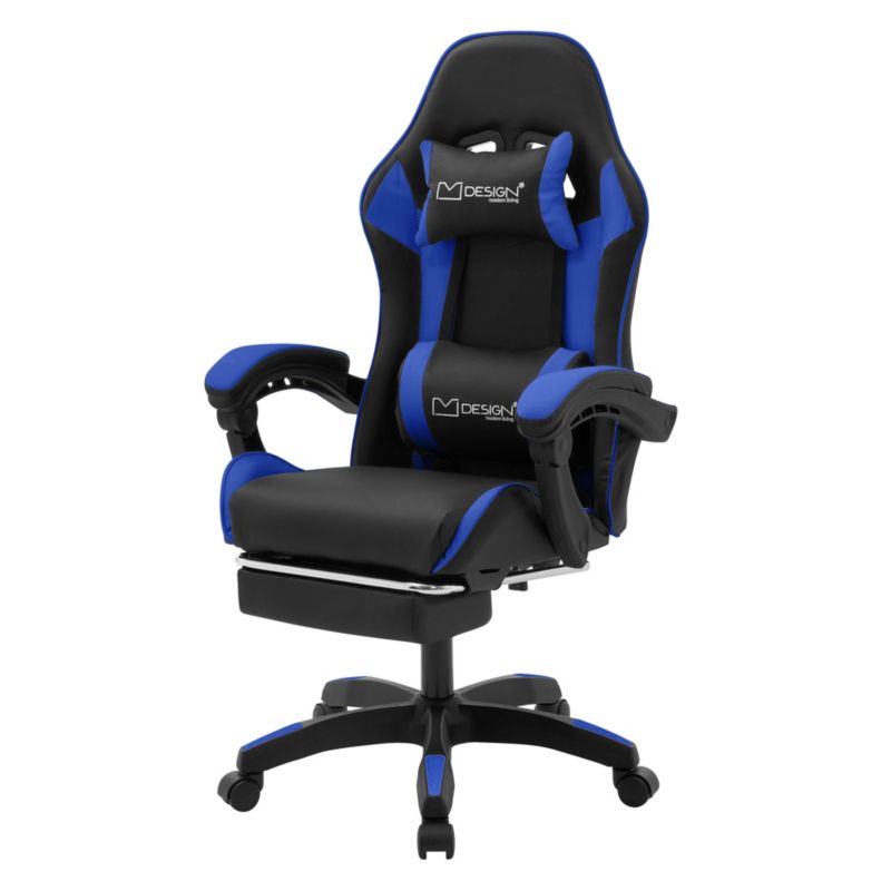 Krzesło gamingowe ML Design ergonomiczne czarno niebieskie z podnóżkiem fotel biurowy obrotowy regulowane podłokietniki 1 szt.