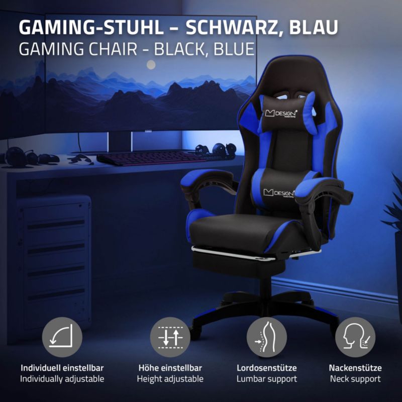 Krzesło gamingowe ML Design ergonomiczne czarno niebieskie z podnóżkiem fotel biurowy obrotowy regulowane podłokietniki 1 szt.