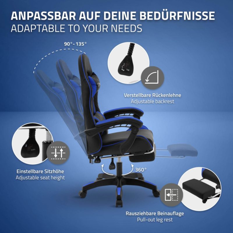 Krzesło gamingowe ML Design ergonomiczne czarno niebieskie z podnóżkiem fotel biurowy obrotowy regulowane podłokietniki 1 szt.