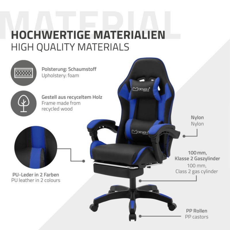 Krzesło gamingowe ML Design ergonomiczne czarno niebieskie z podnóżkiem fotel biurowy obrotowy regulowane podłokietniki 1 szt.