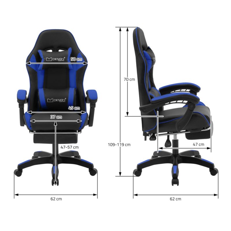 Krzesło gamingowe ML Design ergonomiczne czarno niebieskie z podnóżkiem fotel biurowy obrotowy regulowane podłokietniki 1 szt.