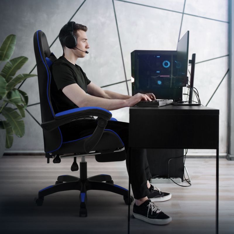 Krzesło gamingowe ML Design ergonomiczne czarno niebieskie z podnóżkiem fotel biurowy obrotowy regulowane podłokietniki 1 szt.