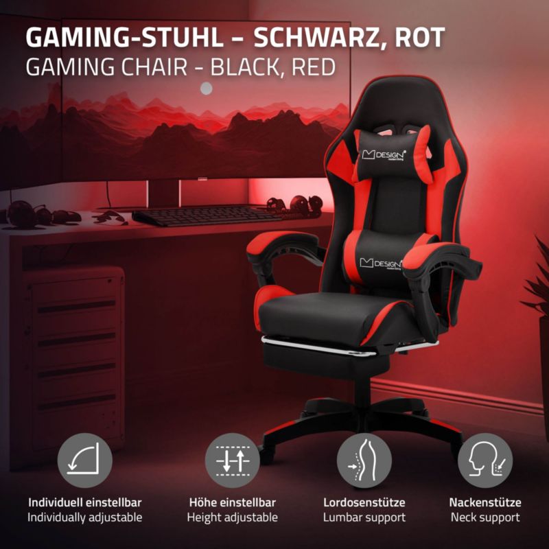 Krzesło gamingowe ML Design ergonomiczne czarno z czerwony  fotel biurowy obrotowy regulowane podłokietniki zagłówek 1 szt.