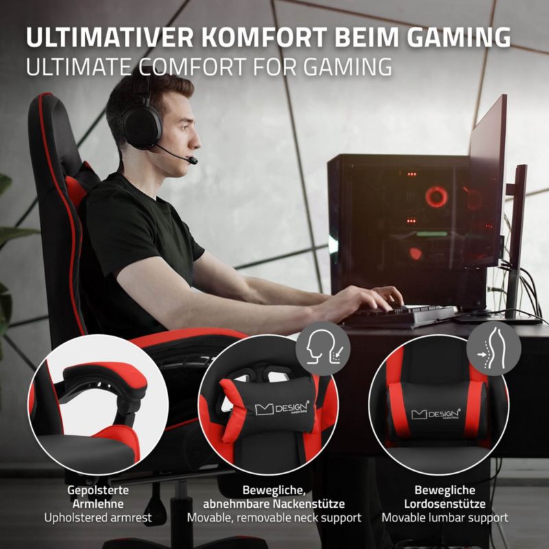 Krzesło gamingowe ML Design ergonomiczne czarno z czerwony  fotel biurowy obrotowy regulowane podłokietniki zagłówek 1 szt.