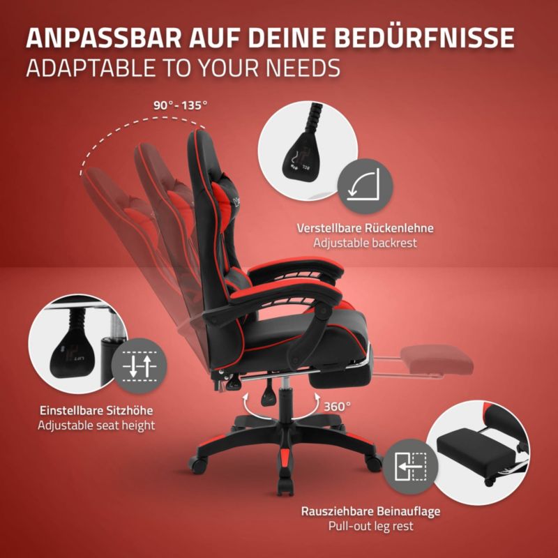 Krzesło gamingowe ML Design ergonomiczne czarno z czerwony  fotel biurowy obrotowy regulowane podłokietniki zagłówek 1 szt.