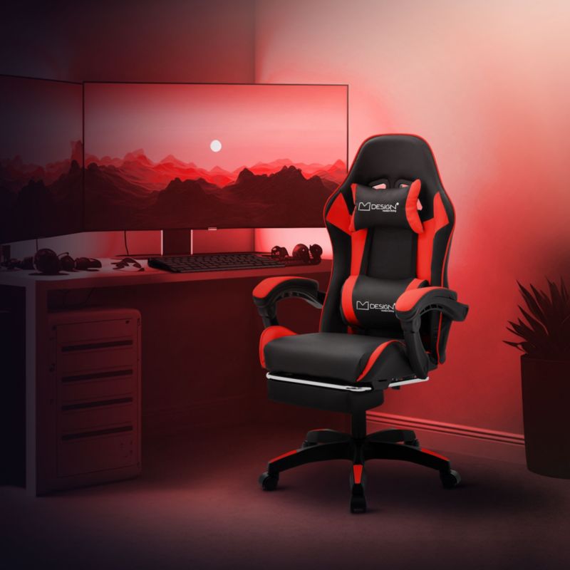 Krzesło gamingowe ML Design ergonomiczne czarno z czerwony  fotel biurowy obrotowy regulowane podłokietniki zagłówek 1 szt.