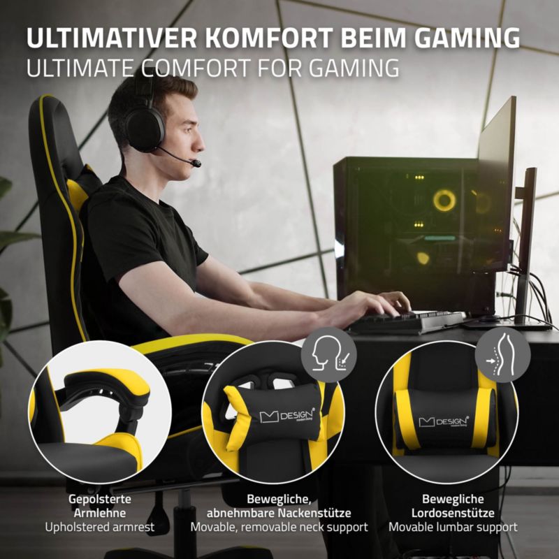 Krzesło gamingowe ML Design ergonomiczne czarno z zólty fotel biurowy obrotowy regulowane podłokietniki zagłówek 1 szt.