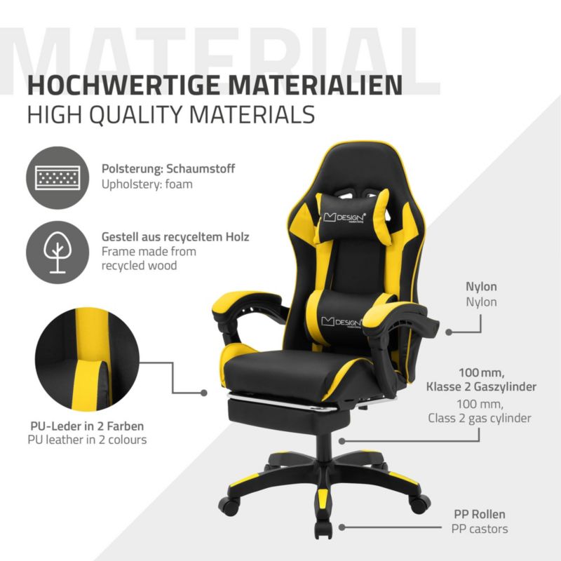 Krzesło gamingowe ML Design ergonomiczne czarno z zólty fotel biurowy obrotowy regulowane podłokietniki zagłówek 1 szt.