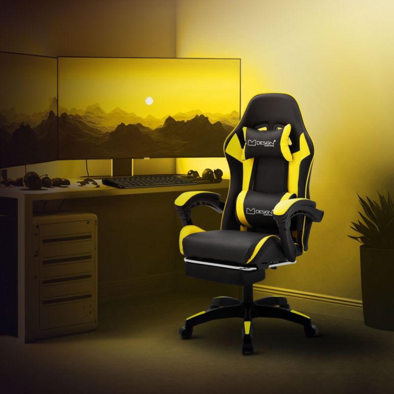 Krzesło gamingowe ML Design ergonomiczne czarno z zólty fotel biurowy obrotowy regulowane podłokietniki zagłówek 1 szt.