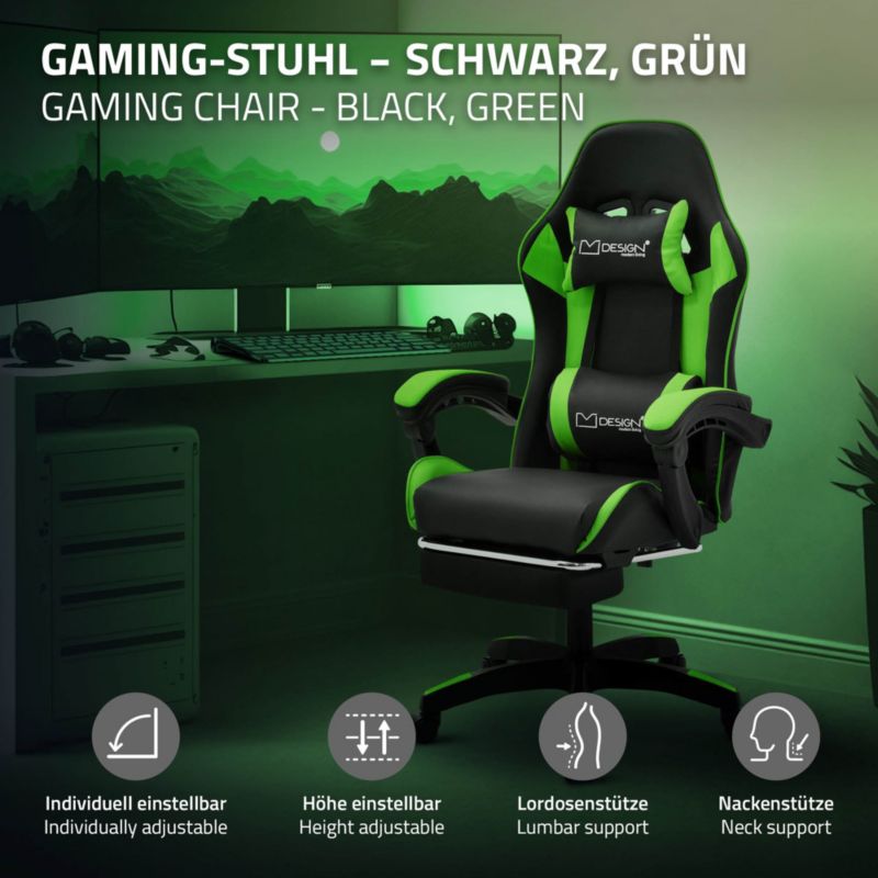 Krzesło gamingowe ML Design ergonomiczne czarno z zielony fotel biurowy obrotowy regulowane podłokietniki zagłówek 1 szt.