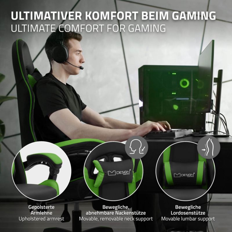 Krzesło gamingowe ML Design ergonomiczne czarno z zielony fotel biurowy obrotowy regulowane podłokietniki zagłówek 1 szt.